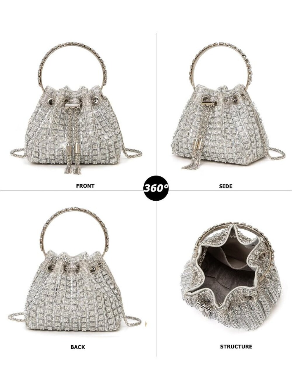Women's Silver Sparkly Rhinestone Clutch Purse Bucket Evening Bag with Chain - Picture 4 of 6